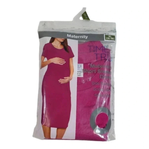 Pink/Fuchsia Womens Maternity Dress Short Sleeve, Side Rouching, Scoop Neck - Picture 2 of 6